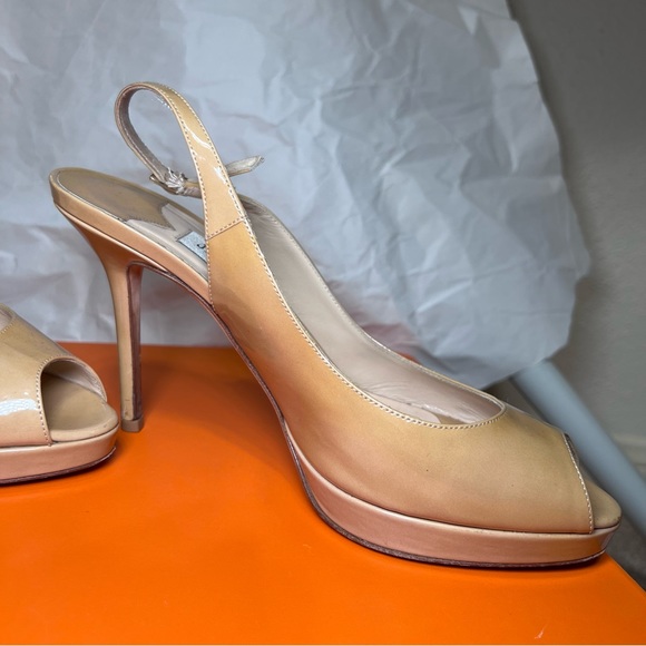 JIMMY CHOO Nude Nova Patent Leather Slingback Platforms Size 37.5 - Picture 8 of 10